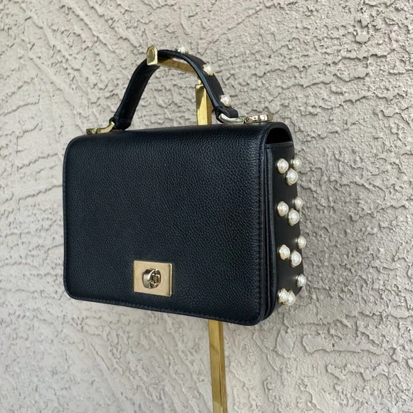 KATE SPADE Black Glitter Leather Serrano Place Pearl Mini Satchel Crossbody Bag